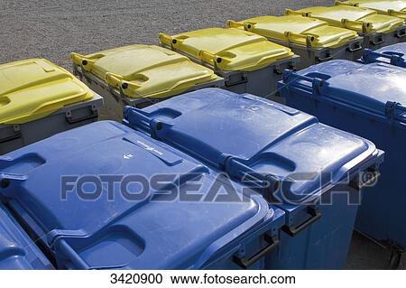 France, North-Western France, Nantes, dustbins, blue bins for the household refuse, yellow bins for the recyclable waste View Large Photo Image Stock Image - France, North-Western France, Nantes, dustbins, blue bins for the household refuse, yellow bins for the recyclable waste. Fotosearch