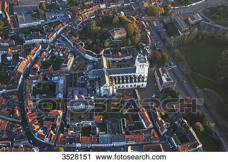 Stock Image - France, Northern France. Pas de Calais, Aerial view of Saint-Omer city center. Notre Dame de Saint-Omer cathedral. Fotosearch