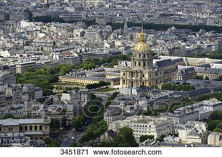 Stock Image - France, Paris, aerial view of the Invalides and its golden dome. Fotosearch