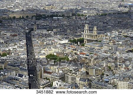 Stock Image - France, Paris, aerial view of the district Saint-Sulpice. Rue de Rennes on the left-hand. Louvre Museum and Church of Saint-Eustache in the background. Beaubourg on the right-hand, in the background. Fotosearch
