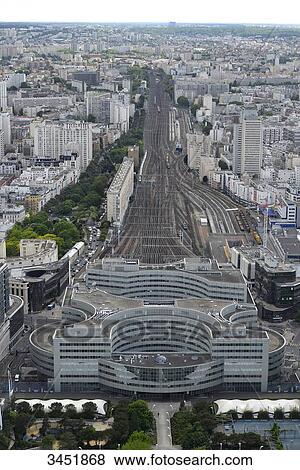 France, Paris, aerial view of the railroad tracks of the Montparnasse station, perspective effect View Large Photo Image Stock Photo - France, Paris, aerial view of the railroad tracks of the Montparnasse station, perspective effect. Fotosearch
