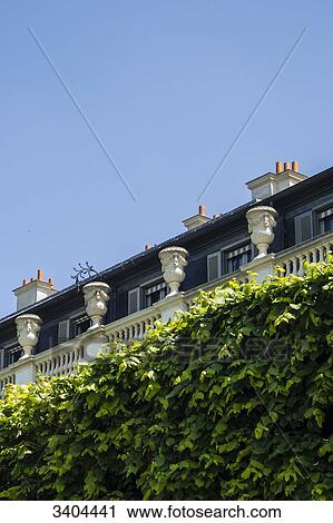 Stock Image - France, Paris, facade and tree in the garden of the Palais Royal. Fotosearch