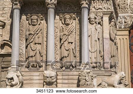 France, South-Eastern France, Arles, Church of Saint Trophime, sculpted Romanesque southern portal, from left to right: St Barthelemy, St James the Greater and St Trophime View Large Photo Image Stock Image - France, South-Eastern France, Arles, Church of Saint Trophime, sculpted Romanesque southern portal, from left to right: St Barthelemy, St James the Greater and St Trophime. Fotosearch