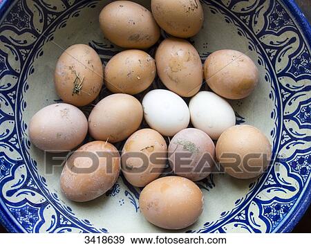 Stock Photo - Free range chicken eggs in a plate. Fotosearch