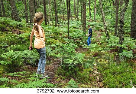 Girl and boy playing in the forest/ View Large Photo Image Stock Image - Girl and boy playing in the forest/. Fotosearch