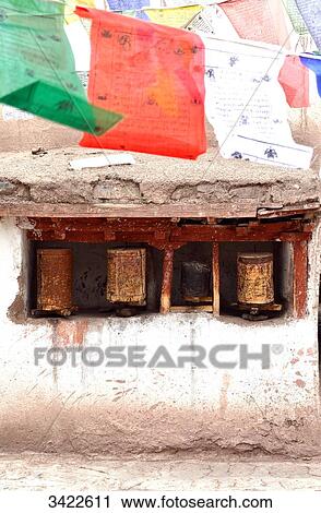 Stock Image - India, Ladakh, Indian State Jammu and Kashmir, Alchi Monastery, one of the most beautiful monasteries of the Ladakh, 11th Century, very old prayer wheels. Fotosearch