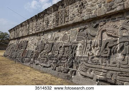 Stock Image - Mexico, Morelos State, Pre-Columbian site, The Feathered Serpents pyramid, detail of bas-reliefs of Xochicalco, Unesco World Heritage. Fotosearch