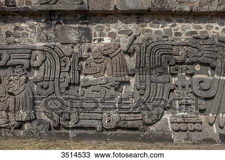 Stock Image - Mexico, Morelos State, Pre-Columbian site, The Feathered Serpents pyramid, detail of bas-reliefs of Xochicalco, Unesco World Heritage. Fotosearch