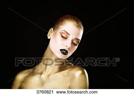 Portrait of a young woman, profile of the head, body painted in gold, eyes closed View Large Photo Image Stock Image - Portrait of a young woman, profile of the head, body painted in gold, eyes closed. Fotosearch