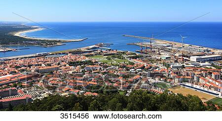 Portugal, Viana do Castelo. Panoramic view of the city and the port. La Lima estuary View Large Photo Image Stock Photograph - Portugal, Viana do Castelo. Panoramic view of the city and the port. La Lima estuary. Fotosearch