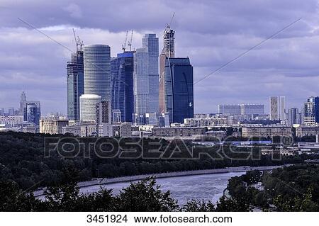 Russia, Moscow, view of the town from the top of the Sparrow Hills, near the Lomonosov Moscow State University, business district under construction View Large Photo Image Picture - Russia, Moscow, view of the town from the top of the Sparrow Hills, near the Lomonosov Moscow State University, business district under construction. Fotosearch