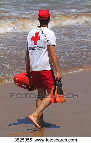 Spain, Southern Basque Country, Zarautz, lifeguard on the beach. View Large Photo Image Stock Photography - Spain, Southern Basque Country, Zarautz, lifeguard on the beach.. Fotosearch