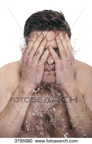 topless man, splashing water onto his face, face in his hands, eyes closed View Large Photo Image Stock Image - topless man, splashing water onto his face, face in his hands, eyes closed. Fotosearch