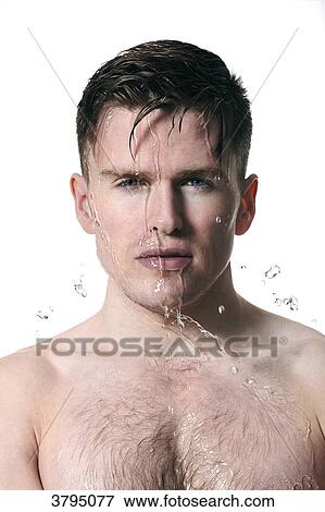 topless man, water running on his face, looking at camera, straight on, serious, mounth slightly opened View Large Photo Image Stock Photo - topless man, water running on his face, looking at camera, straight on, serious, mounth slightly opened. Fotosearch