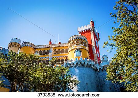 Stock Photo - View dive against the Pena National Palace, Sintra, Lisbon area, Portugal. Fotosearch
