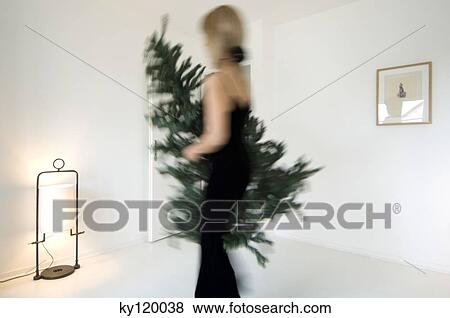 Woman carrying Christmas tree in aliving-room View Large Photo Image Stock Photo - Woman carrying Christmas tree in aliving-room. Fotosearch