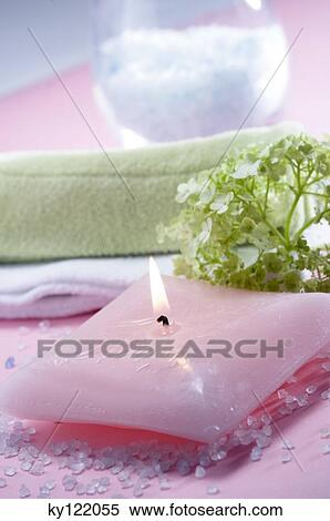 Candle, flowers, towel and bath salts, close-up View Large Photo Image Stock Photography - Candle, flowers, towel and bath salts, close-up. Fotosearch