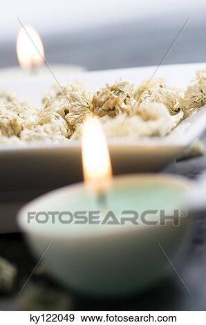 Candles and dried camomile flowers, close-up View Large Photo Image Stock Photo - Candles and dried camomile flowers, close-up. Fotosearch