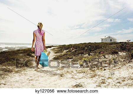 Young woman walking on the beach, rear view View Large Photo Image Stock Photograph - Young woman walking on the beach, rear view. Fotosearch