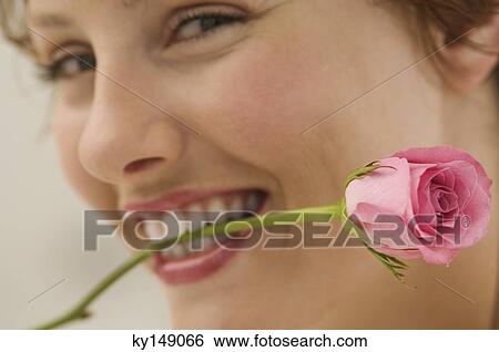 Portrait of young woman with rose between teeth View Large Photo Image Stock Photograph - Portrait of young woman with rose between teeth. Fotosearch