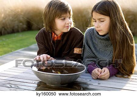 Two children thinking in front of a bowl of water View Large Photo Image Stock Image - Two children thinking in front of a bowl of water. Fotosearch
