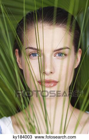 Young woman holding plants over her face View Large Photo Image Stock Image - Young woman holding plants over her face. Fotosearch