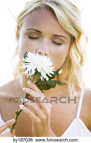 Young woman holding a white flower View Large Photo Image Stock Photograph - Young woman holding a white flower. Fotosearch