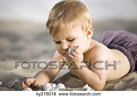 Baby boy playing with shells in sand View Large Photo Image Stock Photo - Baby boy playing with shells in sand. Fotosearch