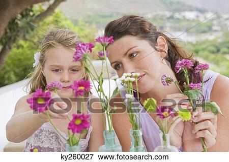 Woman with her daughter arranging flowers in a vase View Large Photo Image Stock Photo - Woman with her daughter arranging flowers in a vase. Fotosearch
