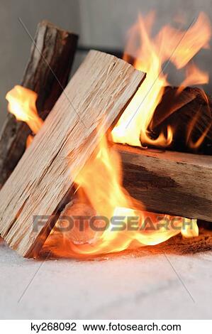 Stock Image - Close-up of firewood burning. Fotosearch