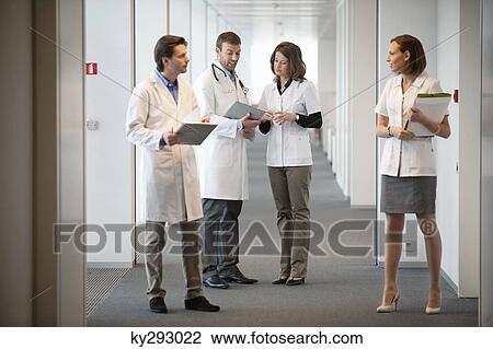 Four doctors standing at the corridor of a hospital View Large Photo Image Stock Image - Four doctors standing at the corridor of a hospital. Fotosearch