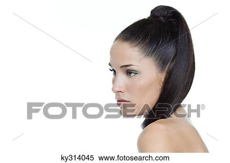 Stock Photography - Young woman with long hair around neck. Fotosearch