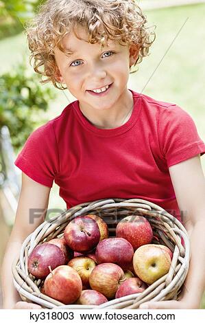 Boy holding basket of apples View Large Photo Image Stock Image - Boy holding basket of apples. Fotosearch