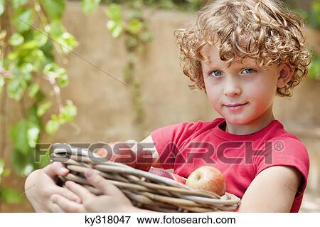 Boy holding basket of apples View Large Photo Image Stock Photo - Boy holding basket of apples. Fotosearch