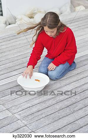 Girl touching a fish in a bowl View Large Photo Image Stock Image - Girl touching a fish in a bowl. Fotosearch