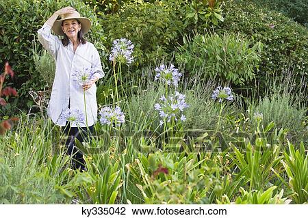 Portrait of a senior woman holding flowers in a garden View Large Photo Image Stock Image - Portrait of a senior woman holding flowers in a garden. Fotosearch