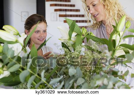 Mid adult woman and her daughter touching leaves View Large Photo Image Stock Photo - Mid adult woman and her daughter touching leaves. Fotosearch