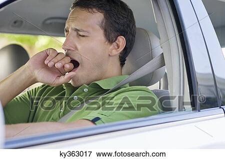 Mid adult man yawning while driving a car View Large Photo Image Stock Photo - Mid adult man yawning while driving a car. Fotosearch