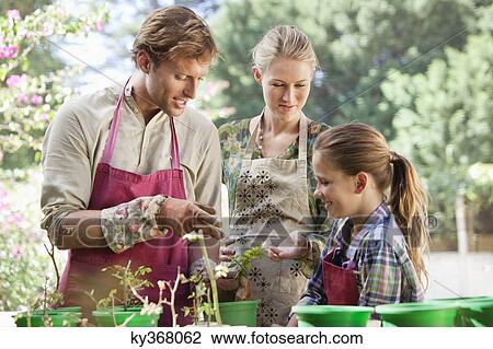 Stock Image - Parents and daughter gardening. Fotosearch