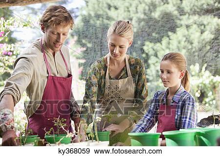 Stock Photo - Parents and daughter gardening. Fotosearch