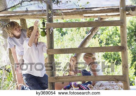 Siblings playing in tree house View Large Photo Image Picture - Siblings playing in tree house. Fotosearch