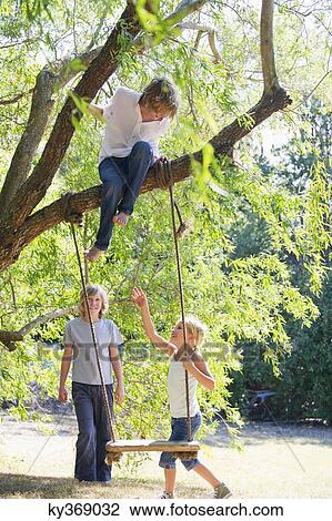 Smiling little siblings playing in tree swing View Large Photo Image Stock Image - Smiling little siblings playing in tree swing. Fotosearch