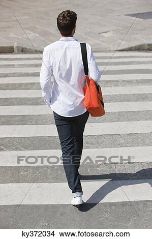 Picture - Rear view of a man walking in crosswalk, Paris, Ile-de-France, France. Fotosearch