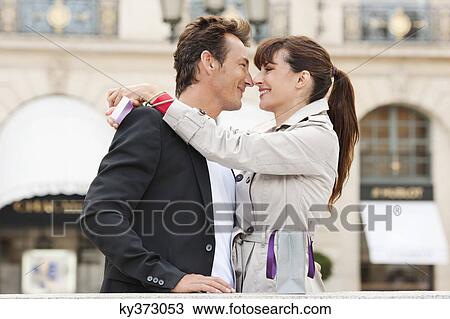 Stock Image - Romantic couple, Paris, Ile-de-France, France. Fotosearch