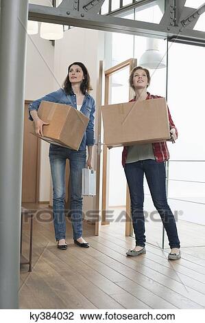 Female friends carrying cardboard boxes at home View Large Photo Image Stock Image - Female friends carrying cardboard boxes at home. Fotosearch