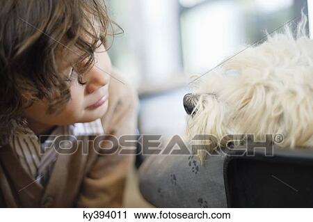 Close-up of a boy looking at a dog View Large Photo Image Stock Image - Close-up of a boy looking at a dog. Fotosearch