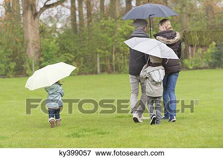 Family walking with umbrellas in a park View Large Photo Image Stock Photo - Family walking with umbrellas in a park. Fotosearch