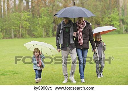 Family walking with umbrellas in a park View Large Photo Image Stock Photography - Family walking with umbrellas in a park. Fotosearch