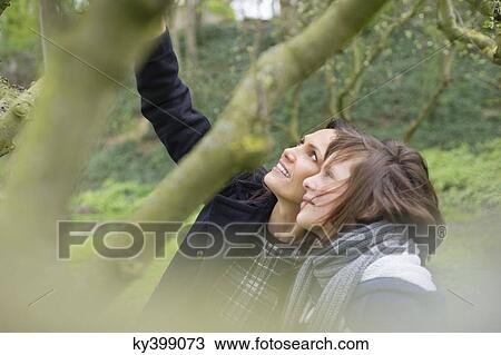 Woman with her daughter looking at a tree branch in an orchard View Large Photo Image Stock Image - Woman with her daughter looking at a tree branch in an orchard. Fotosearch