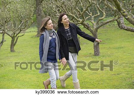 Woman with her daughter walking in an orchard View Large Photo Image Stock Photograph - Woman with her daughter walking in an orchard. Fotosearch